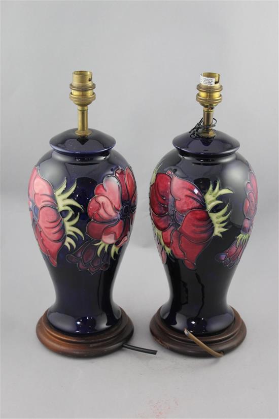 A pair of Moorcroft Anemone pattern lamp bases, late 20th century, 36.5cm. incl. metal fittings